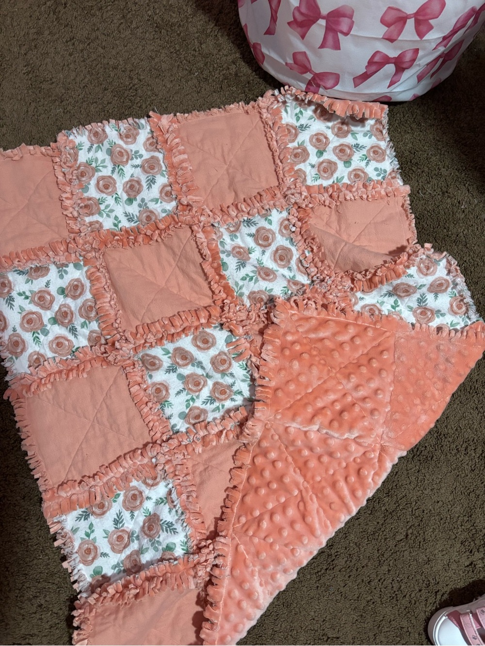Peach Floral Rag Quilt Baby Blanket - Unbranded